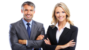 A man and woman in formal business attire stand side by side, arms crossed, both smiling confidently, projecting professionalism and teamwork png
