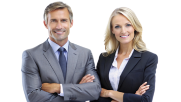 The man and woman again, with slight adjustments in posture, maintaining their professional look, representing consistency and reliability png