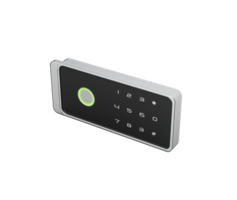Digital safe lock with a black rectangular touchscreen displaying a numeric keypad with symbols, 3d Illustration png