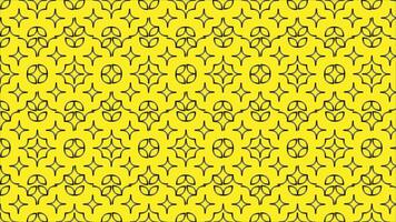 An intricate ornamental pattern featuring black line shapes and circles on a vivid yellow background. Ideal for decoration, wallpaper, textiles, or graphic design projects. vector
