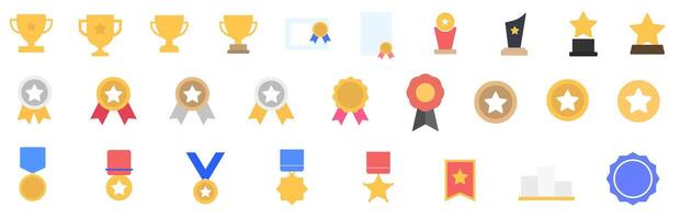Awards And Success Stock Icons Set illustration is a collection of minimalist, ui illustration icons representing various symbols of achievement and recognition. vector