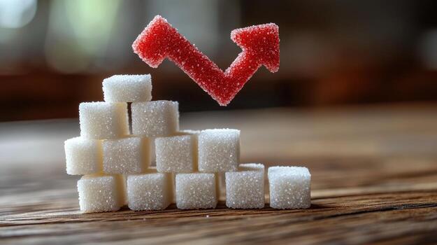Sugar consumption decrease represented by red arrow and white sugar cubes photo