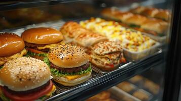 Delicious burgers and sandwiches displayed in refrigerated display case of fast food restaurant photo