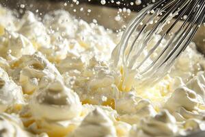 Whisk whipping cream into soft peaks for dessert recipe photo