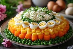 Festive layered salad with boiled eggs, potatoes, carrots, and peas, garnished with mayonnaise and parsley photo