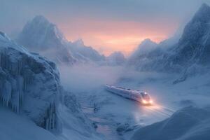 High-speed train running through snowy mountain valley at sunset. photo