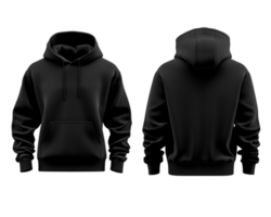A rendering of a blank black hoodie, showcasing both front and back views, png