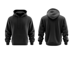 A 3D rendering of a blank black hoodie, showcasing both front and back views, png