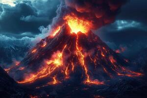 Volcano erupting lava and smoke at night with snowy mountains photo