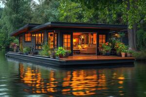 Floating house reflecting on calm water at sunset with illuminated interior photo