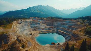 Excavators working in an open pit mine in a mountain valley photo