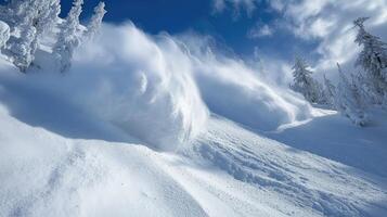 Deep powder snow blowing on mountain slope with snow covered trees photo