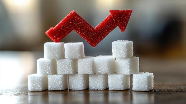 Sugar consumption decrease represented by red arrow and white sugar cubes. photo