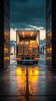 Delivery truck leaving warehouse loading dock with packages photo