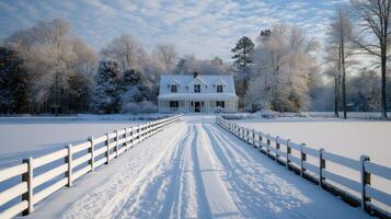 Snowy driveway leading to a blue house over a bridge in winter . photo