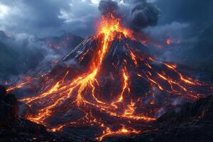 Volcano erupting lava and smoke at night with snowy mountains. photo