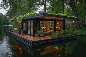 Floating house reflecting on calm water at sunset with illuminated interior. photo