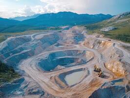 Excavators working in open pit mine with mountain range background. photo