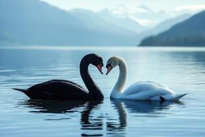 Black swan and white swan forming heart shape on lake photo