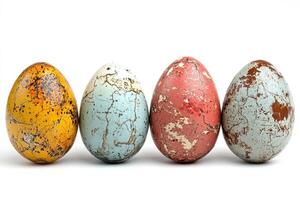Four colorful cracked easter eggs in a row on white background photo