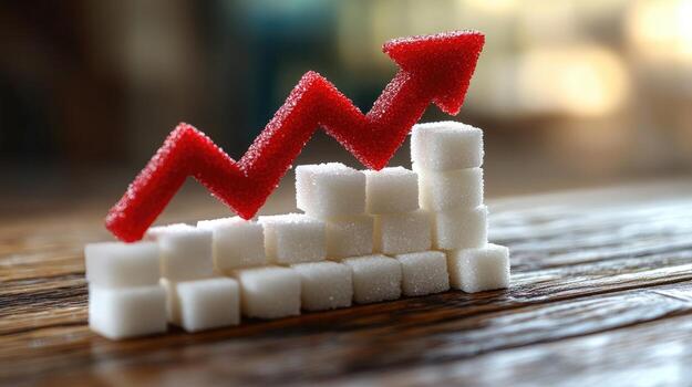 Sugar consumption decrease represented by red arrow and white sugar photo