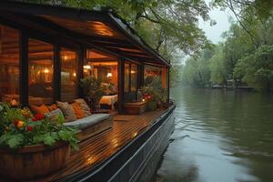 Cozy floating house reflecting on calm lake at sunset in lush forest.. photo