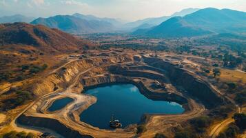 Excavators working in an open pit mine creating a turquoise lake in a mountainous landscape photo