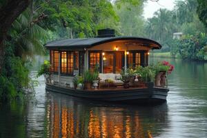 Floating house reflecting on calm water at sunset with illuminated interior.. photo