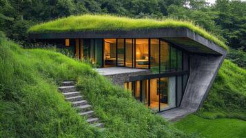 Modern green roofed house blending into nature's lush embrace photo