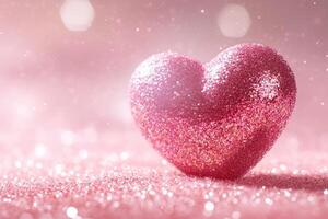Pink glittering heart shining on a sparkling background. photo