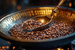 Roasting coffee beans with a metal spoon in a bowl over fire photo