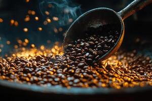 Roasting coffee beans with metal scoop and steam in slow motion photo