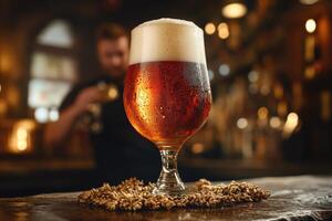 Glass of cold beer with foam and wheat on bar counter in blurred pub background photo