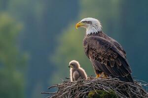 Bald eagle and eaglet resting in nest photo