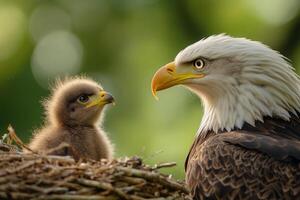 Bald eagle and chick sharing a tender moment in nest photo
