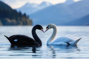 Black swan and white swan forming heart shape on lake. photo