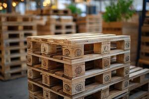 Stacked wooden pallets creating storage structure in warehouse setting photo