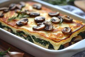 Delicious spinach and mushroom lasagna with golden brown topping photo