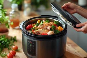 Modern multicooker preparing chicken and vegetables, opening lid showing delicious meal photo