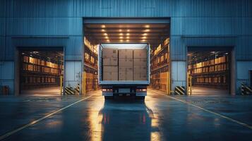 Delivery truck leaving warehouse loading dock with packages.. photo