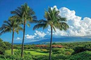 Palm trees framing golf course and ocean view in tropical paradise photo