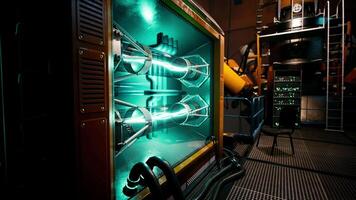 Futuristic lab displaying advanced energy tech in a scientific setting video