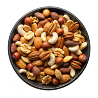 Top view of Mixed Nuts in a black bowl isolated on transparent background png