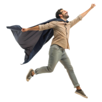 Exuberant Man Leaping in Beige Jacket and Dark Cape with Joyful Expression png