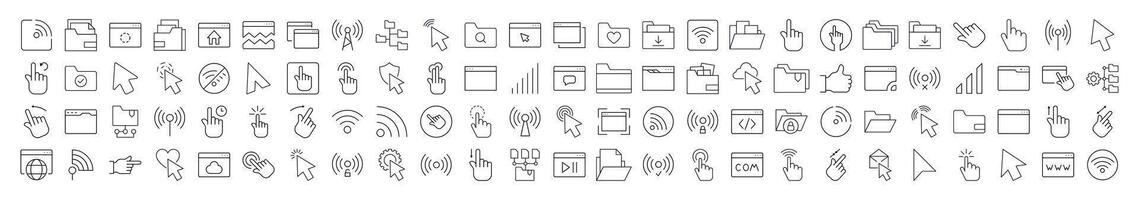 Set of Computer Desktop Related Line Icons. Editable Stroke for Design, Web Sites, Apps, Cards. Contains Linear Images of Cursor, Wi Fi Waves, Folders, Web Pages vector
