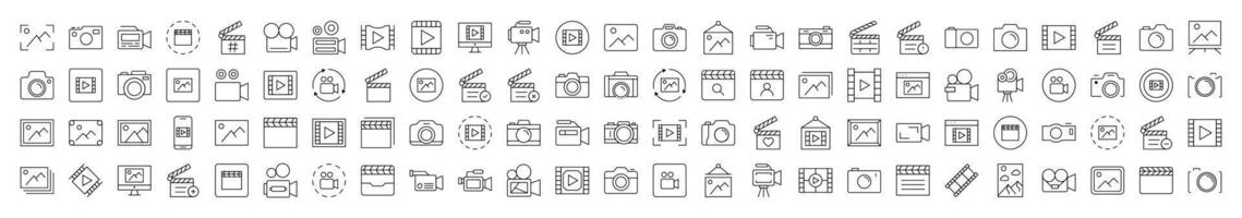 Set of Line Icons of Clapperboard, Photo Camera, Movie, Picture. Editable Stroke. Minimalistic Linear Pictogram for Design of Cards, Apps, Banners, Posts vector