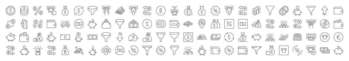 Money Exchange, Currency, Wallet, Bank, Funnel Icon Set for UI, Placards, Books, Apps. Editable Stroke. Suitable for Web Sites, Books, Cards, Apps vector