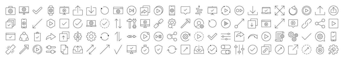 Arrows, Share, Check, Turn, Download, Settings Outline Simple Linear Image Collection. Editable Stroke. Suitable for Web Sites, Books, Cards, Apps vector