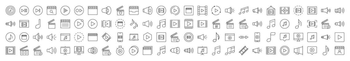 Media Player Line Icon Bundle. Modern Collection for Design, Web Sites, Apps, Cards. Contains Linear Images of Clapperboard, Musical Note, Loud Speaker vector