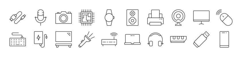 Microphone, USB Cable, Camera, Chip etc Simple Icon Collection. Editable Stroke. Perfect for Infographics, Articles, Books, Flyers, Banners vector